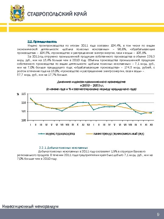 СТАВРОПОЛЬСКИЙ КРАЙ 2. 2. Промышленность Индекс промпроизводства по итогам 2011 года составил 104, 4%,