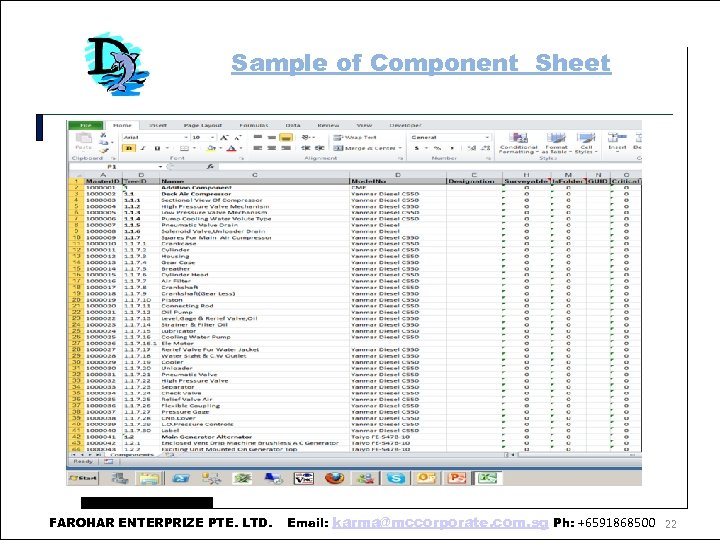 Sample of Component Sheet FAROHAR ENTERPRIZE PTE. LTD. Email: karma@mccorporate. com. sg Ph: +6591868500