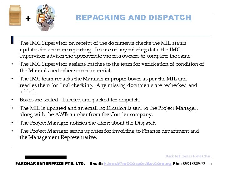 + REPACKING AND DISPATCH • The IMC Supervisor on receipt of the documents checks