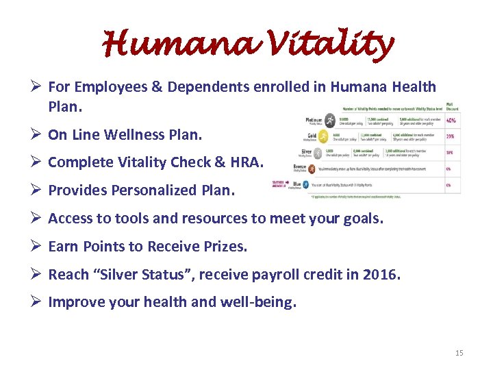 Humana Vitality Ø For Employees & Dependents enrolled in Humana Health Plan. Ø On