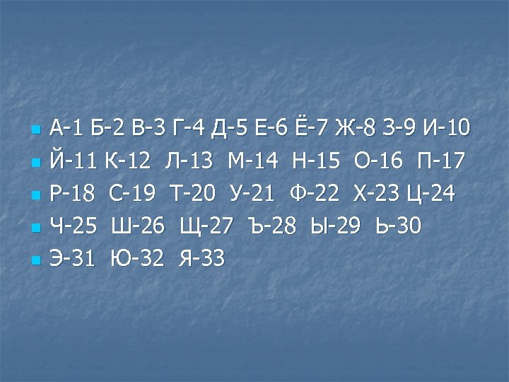 n n n А-1 Б-2 В-3 Г-4 Д-5 Е-6 Ё-7 Ж-8 З-9 И-10 Й-11
