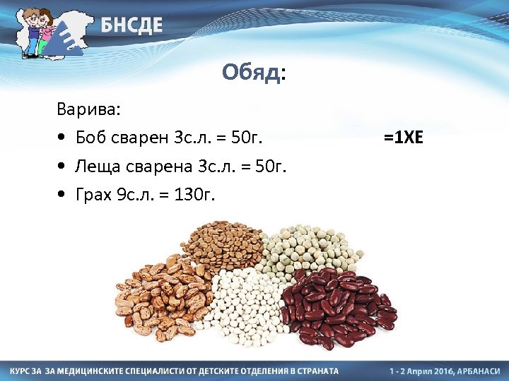 Обяд: Варива: • Боб сварен 3 с. л. = 50 г. =1 ХЕ •