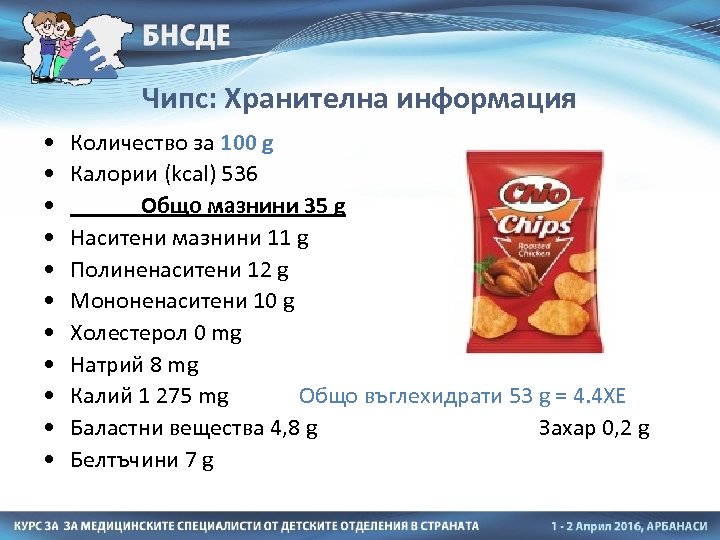 Чипс: Хранителна информация • • • Количество за 100 g Калории (kcal) 536 Общо