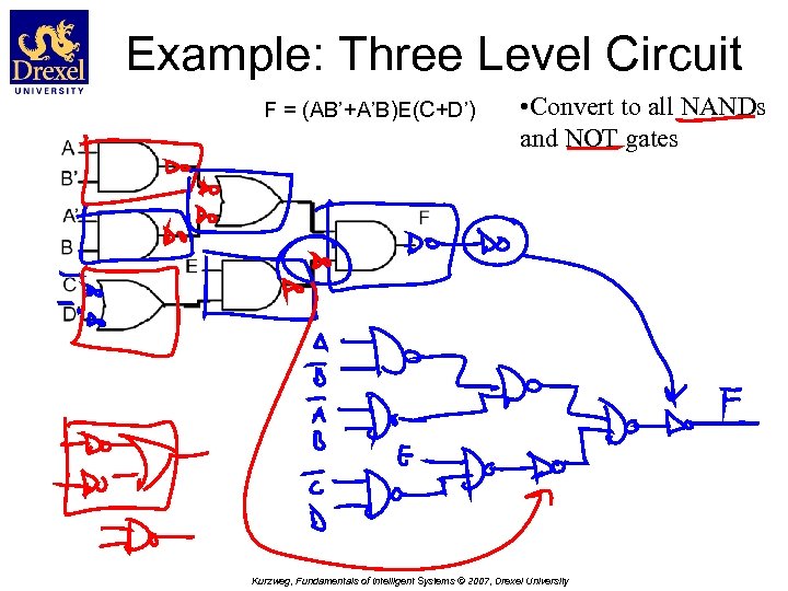 Example: Three Level Circuit F = (AB’+A’B)E(C+D’) • Convert to all NANDs and NOT
