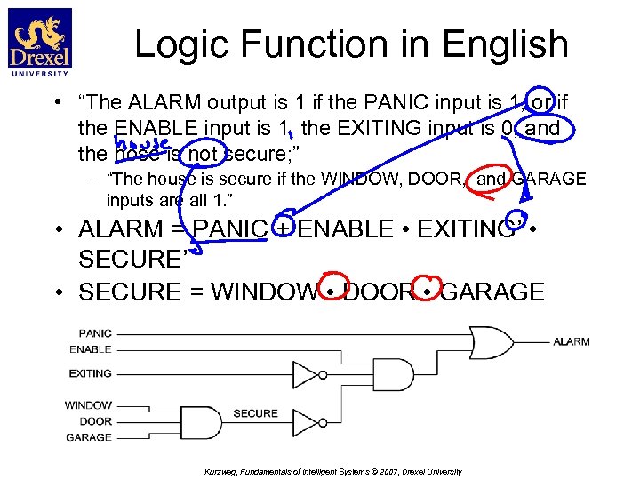 Logic Function in English • “The ALARM output is 1 if the PANIC input