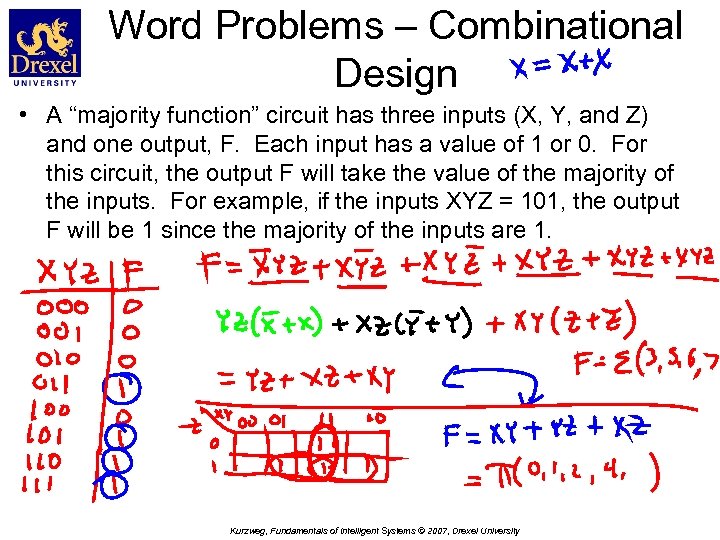 Word Problems – Combinational Design • A “majority function” circuit has three inputs (X,