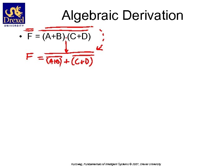 Algebraic Derivation • F = (A+B) (C+D) Kurzweg, Fundamentals of Intelligent Systems © 2007,