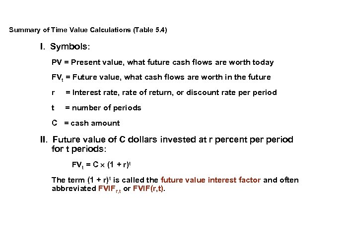 Summary of Time Value Calculations (Table 5. 4) I. Symbols: PV = Present value,