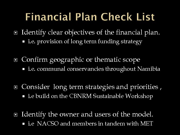  Identify clear objectives of the financial plan. Confirm geographic or thematic scope i.