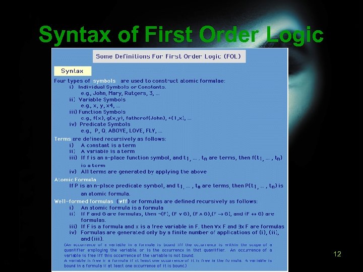 Syntax of First Order Logic 12 