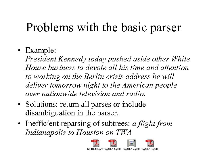 Problems with the basic parser • Example: President Kennedy today pushed aside other White