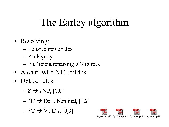The Earley algorithm • Resolving: – Left-recursive rules – Ambiguity – Inefficient reparsing of