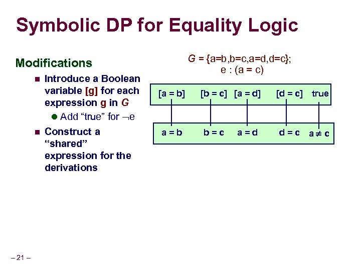 Symbolic DP for Equality Logic G = {a=b, b=c, a=d, d=c}; e : (a