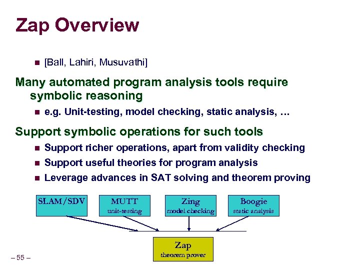 Zap Overview n [Ball, Lahiri, Musuvathi] Many automated program analysis tools require symbolic reasoning