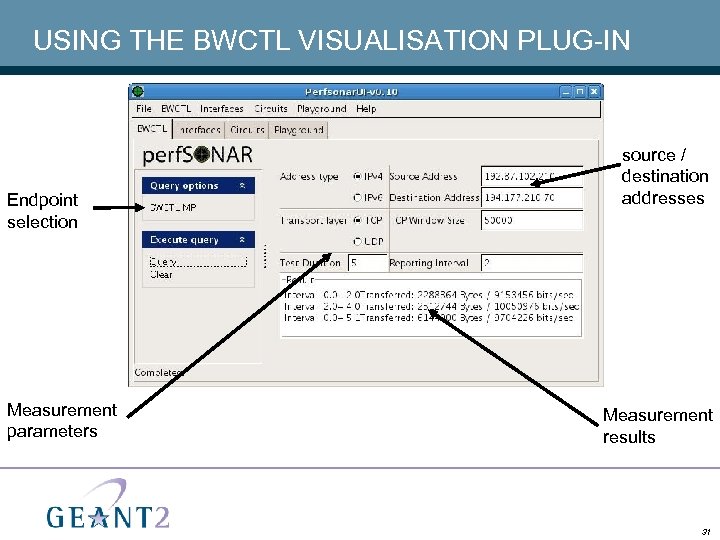 USING THE BWCTL VISUALISATION PLUG-IN Endpoint selection Measurement parameters source / destination addresses Measurement