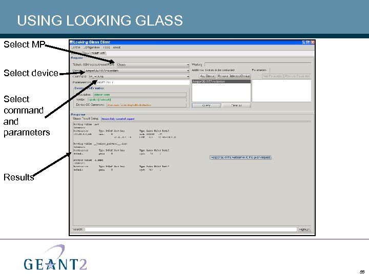 USING LOOKING GLASS Select MP Select device Select command parameters Results 55 