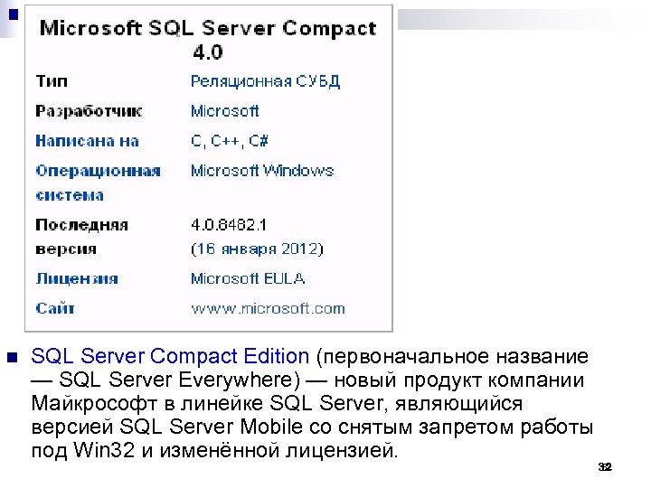 n SQL Server Compact Edition (первоначальное название — SQL Server Everywhere) — новый продукт