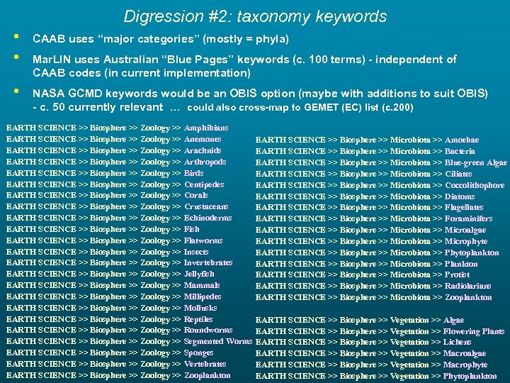 Digression #2: taxonomy keywords • • CAAB uses “major categories” (mostly = phyla) •
