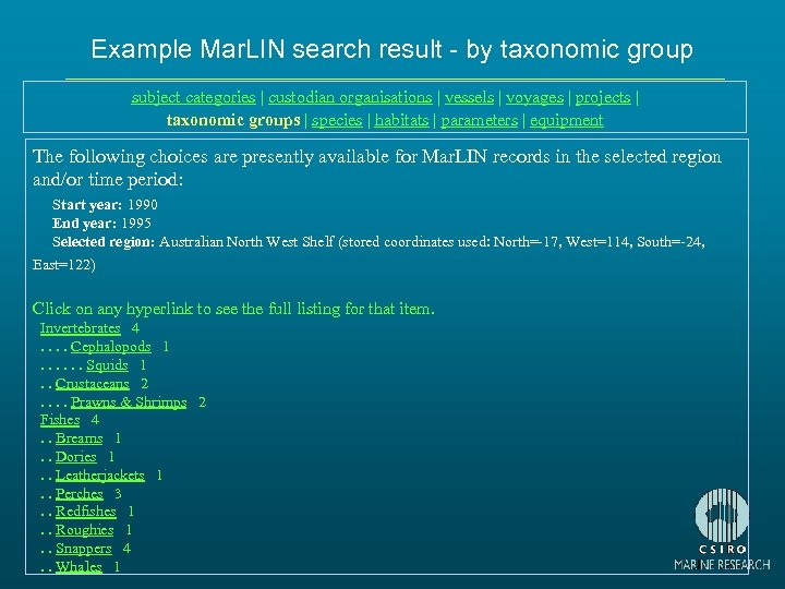 Example Mar. LIN search result - by taxonomic group subject categories | custodian organisations