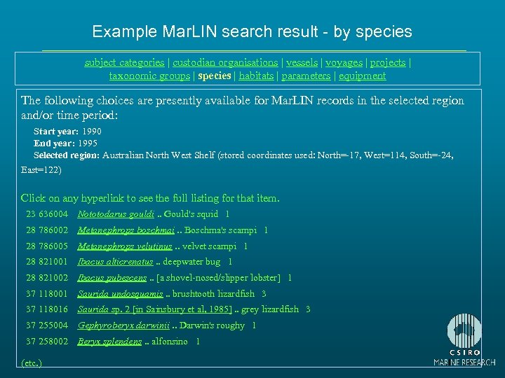 Example Mar. LIN search result - by species subject categories | custodian organisations |