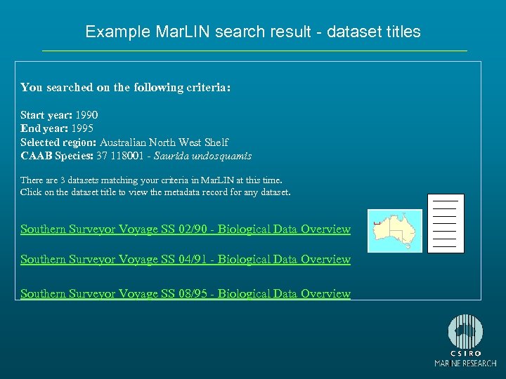 Example Mar. LIN search result - dataset titles You searched on the following criteria: