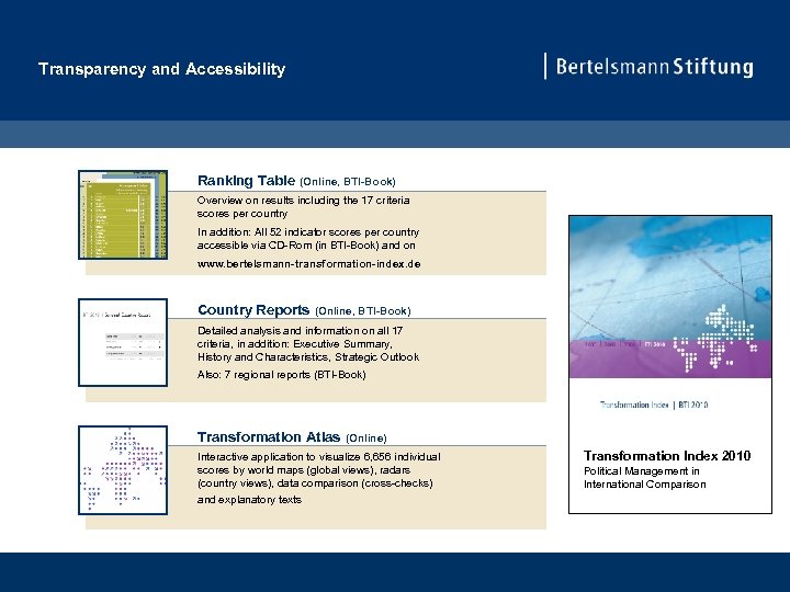 Transparency and Accessibility Ranking Table (Online, BTI-Book) Overview on results including the 17 criteria