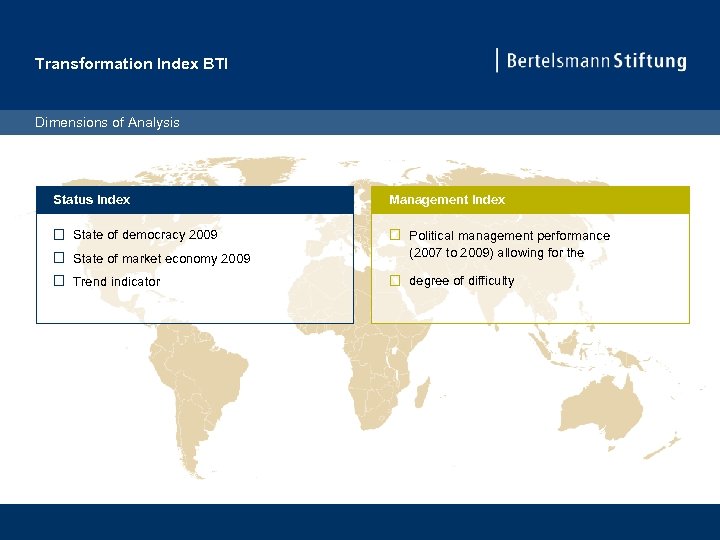 Transformation Index BTI Dimensions of Analysis Status Index State of democracy 2009 Management Index