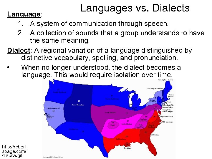 Languages vs. Dialects Language: 1. A system of communication through speech. 2. A collection