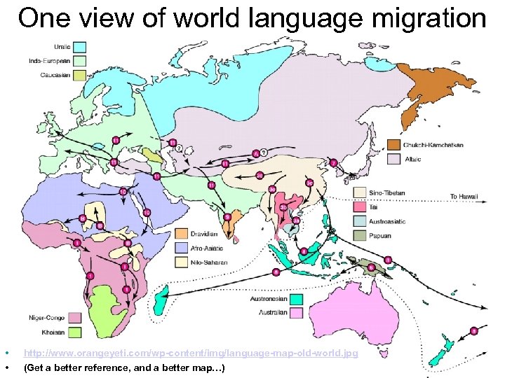 One view of world language migration • • http: //www. orangeyeti. com/wp-content/img/language-map-old-world. jpg (Get