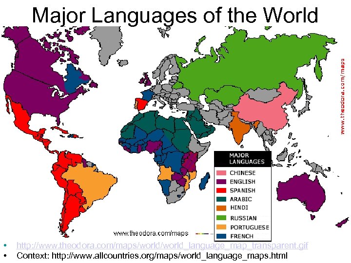 Major Languages of the World • • http: //www. theodora. com/maps/world_language_map_transparent. gif Context: http:
