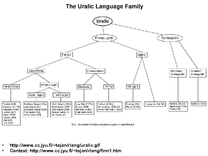 Uralic Language Family • • http: //www. cc. jyu. fi/~tojan/rlang/uralic. gif Context: http: //www.