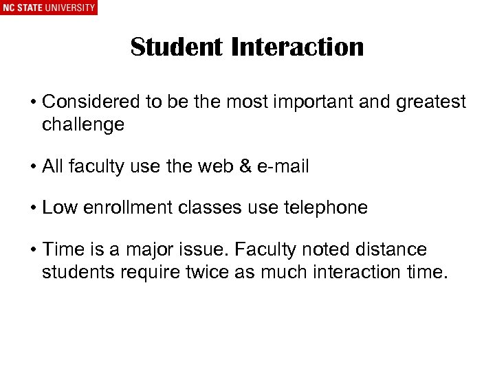 Student Interaction • Considered to be the most important and greatest challenge • All