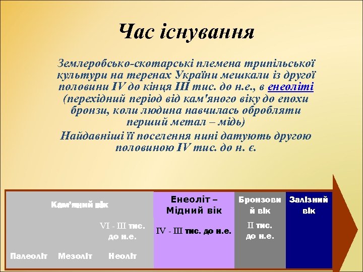 Час існування Землеробсько-скотарські племена трипільської культури на теренах України мешкали із другої половини ІV