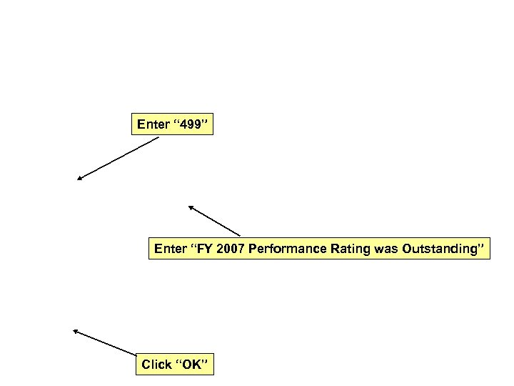 Enter “ 499” Enter “FY 2007 Performance Rating was Outstanding” Click “OK” 