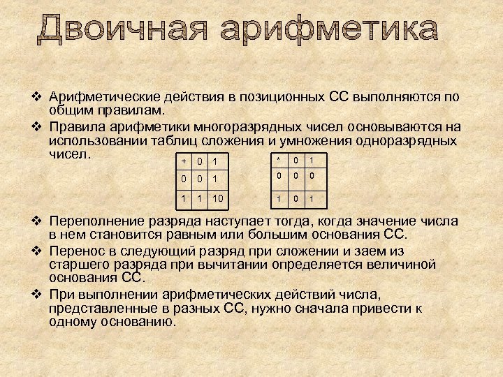 v Арифметические действия в позиционных СС выполняются по общим правилам. v Правила арифметики многоразрядных