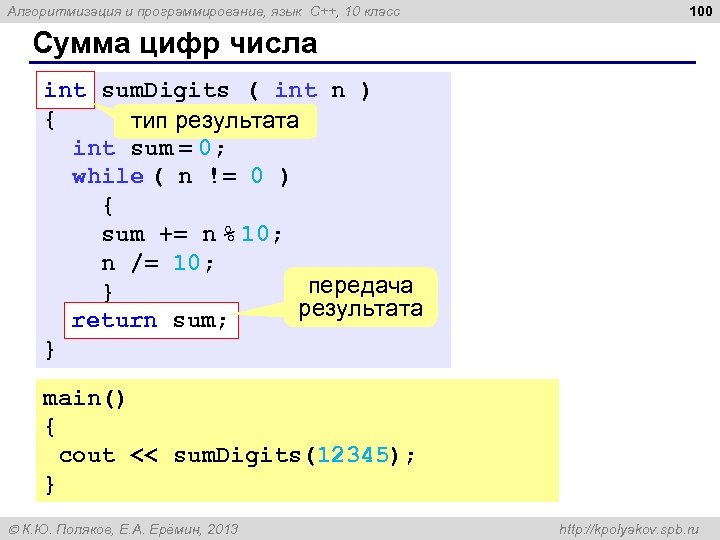 Алгоритмизация и программирование, язык C++, 10 класс 100 Сумма цифр числа int sum. Digits