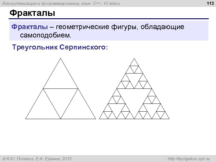 113 Алгоритмизация и программирование, язык C++, 10 класс Фракталы – геометрические фигуры, обладающие самоподобием.