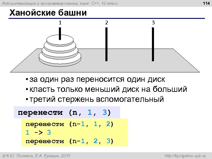 114 Алгоритмизация и программирование, язык C++, 10 класс Ханойские башни 1 2 3 •