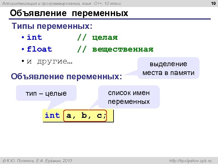 19 Алгоритмизация и программирование, язык C++, 10 класс Объявление переменных Типы переменных: • int