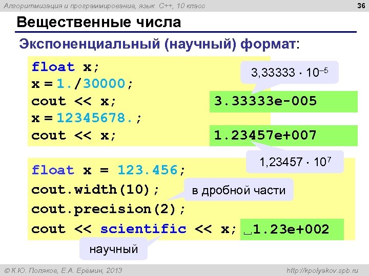 36 Алгоритмизация и программирование, язык C++, 10 класс Вещественные числа Экспоненциальный (научный) формат: float