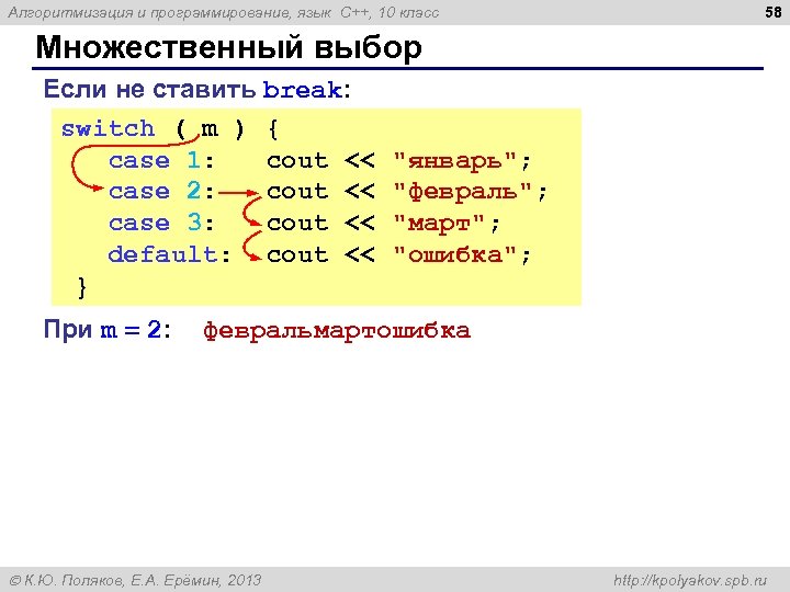 Алгоритмизация и программирование, язык C++, 10 класс 58 Множественный выбор Если не ставить break:
