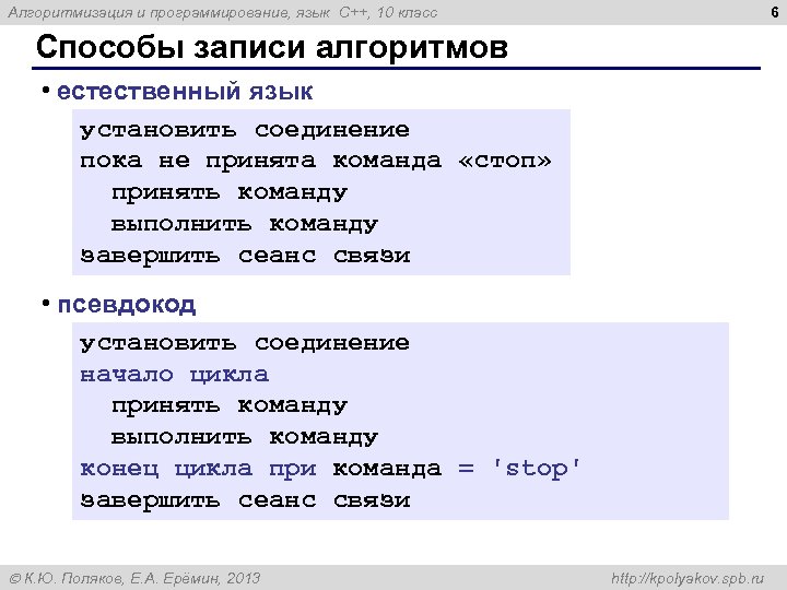 6 Алгоритмизация и программирование, язык C++, 10 класс Способы записи алгоритмов • естественный язык