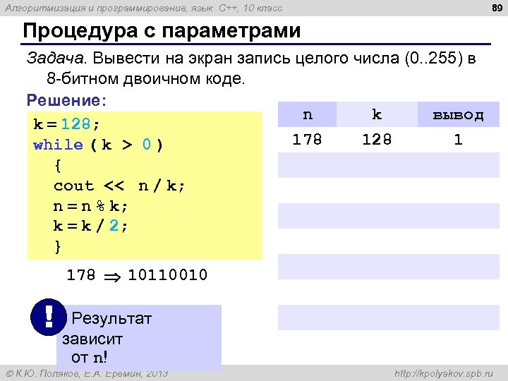 89 Алгоритмизация и программирование, язык C++, 10 класс Процедура с параметрами Задача. Вывести на