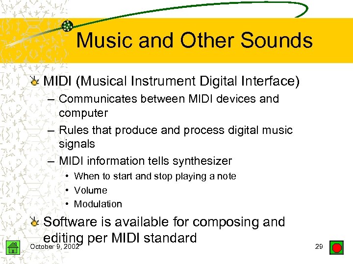 Music and Other Sounds MIDI (Musical Instrument Digital Interface) – Communicates between MIDI devices