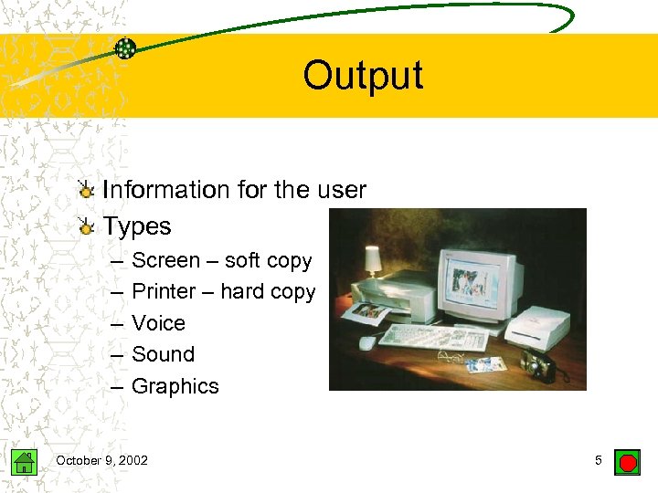 Output Information for the user Types – – – Screen – soft copy Printer