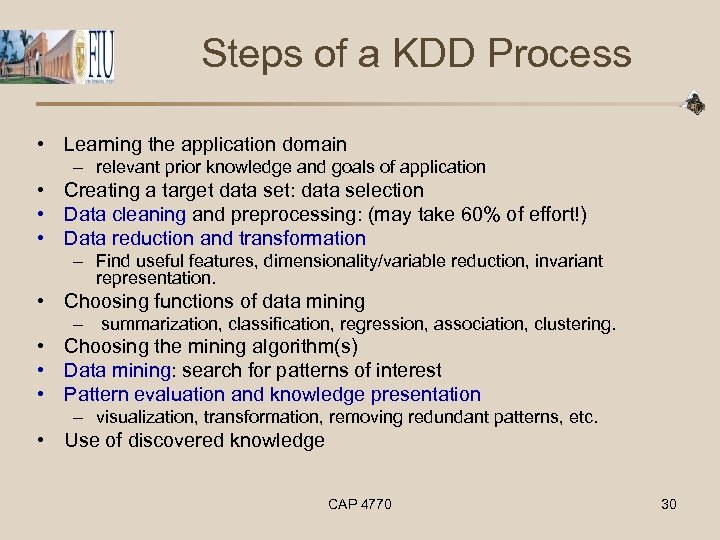 Steps of a KDD Process • Learning the application domain – relevant prior knowledge