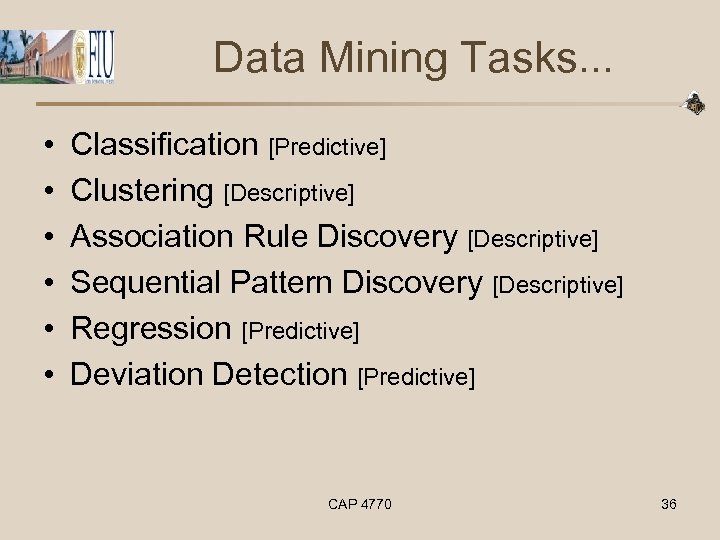 Data Mining Tasks. . . • • • Classification [Predictive] Clustering [Descriptive] Association Rule