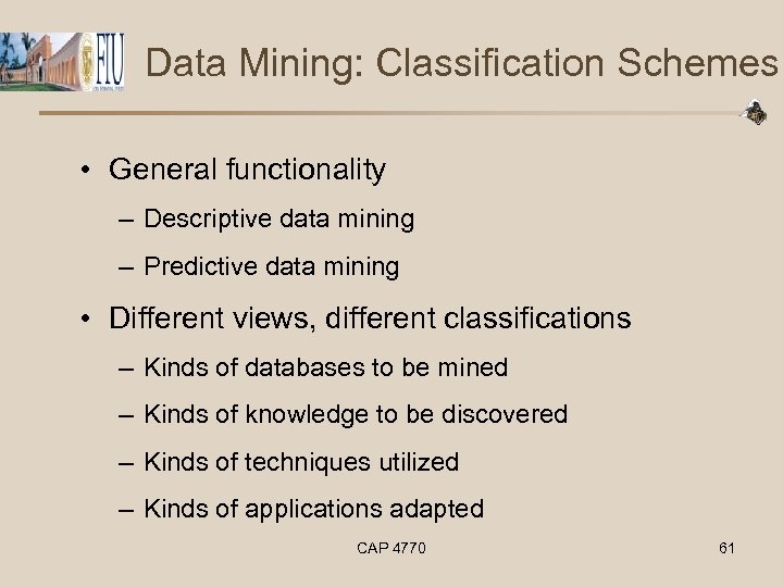 Data Mining: Classification Schemes • General functionality – Descriptive data mining – Predictive data