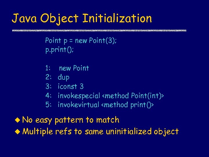 Java Object Initialization Point p = new Point(3); p. print(); 1: 2: 3: 4: