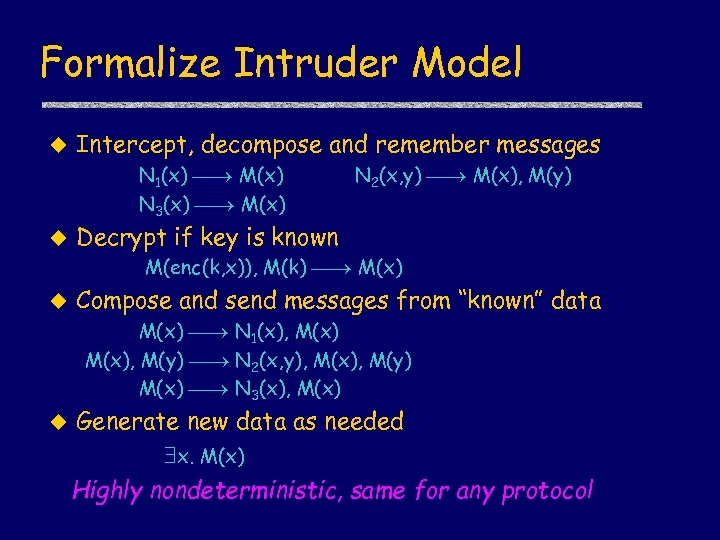 Formalize Intruder Model u Intercept, decompose and remember messages N 1(x) M(x) N 3(x)